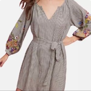 Feather Bone by Anthropologie Striped Dress Sz XS Embroidered Floral